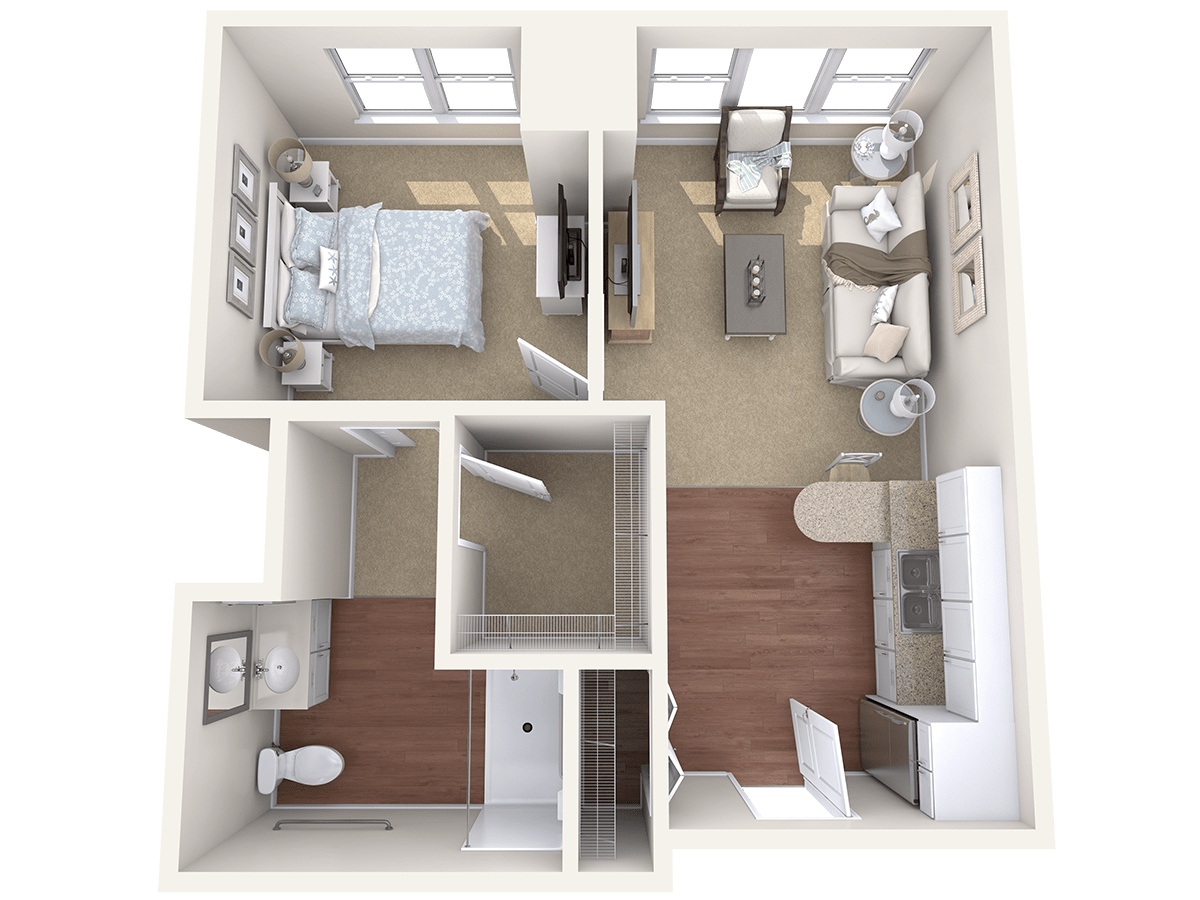 A 3D floor plan of a one-bedroom apartment featuring a living room, kitchen, and bathroom.