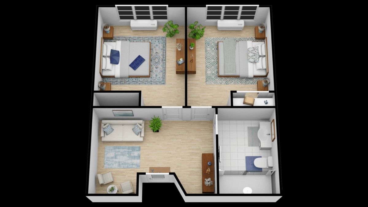 A 3D floor plan of an apartment featuring two bedrooms, a living room, and a bathroom.