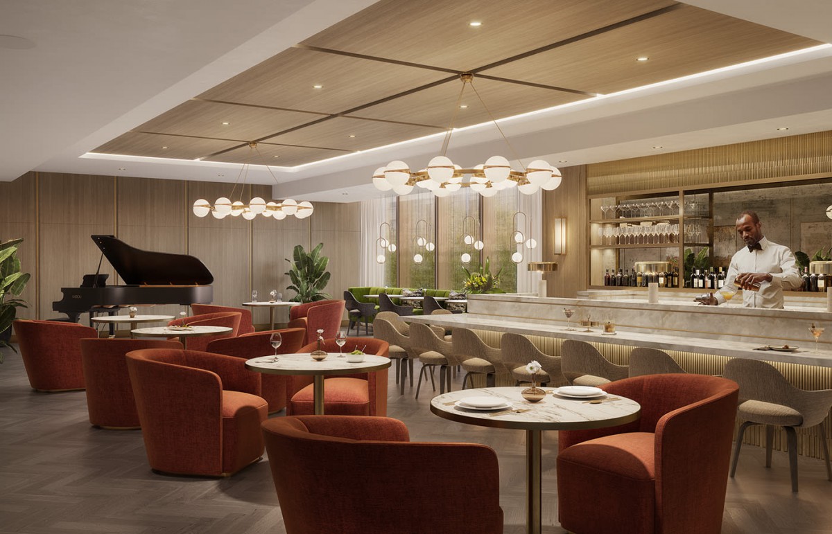 A modern and elegant restaurant interior with a bar and comfortable seating.