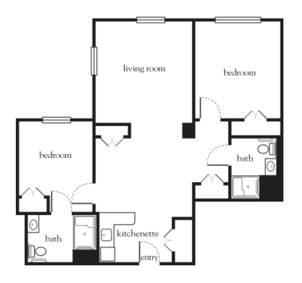 Floor plan of a two-bedroom, two-bathroom apartment with a living room and kitchen.