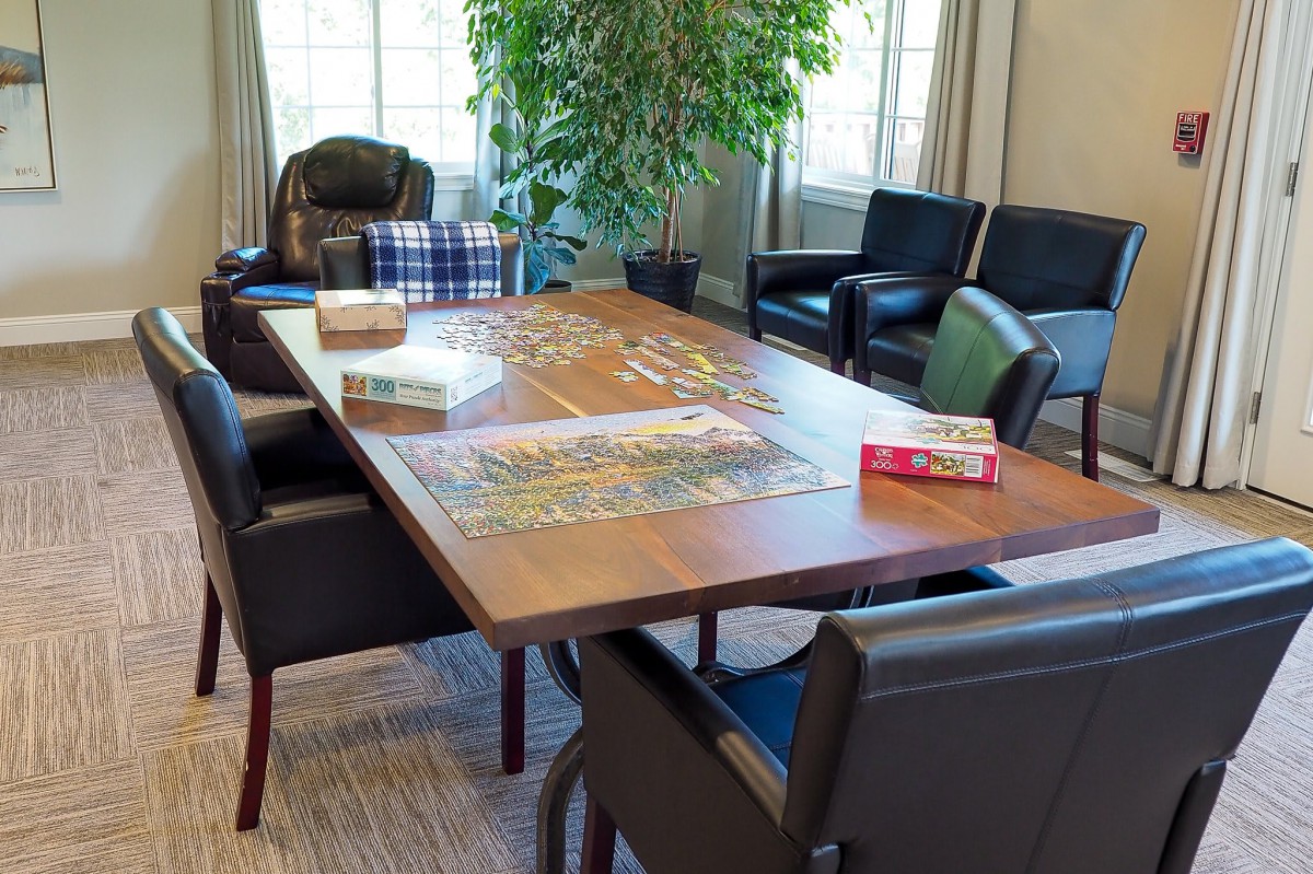 A cozy living room setup with board games and puzzles on a wooden table surrounded by chairs and indoor plants.