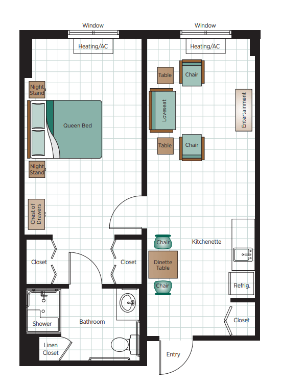 A floor plan of a one-bedroom apartment featuring a living room, kitchen, and bathroom.