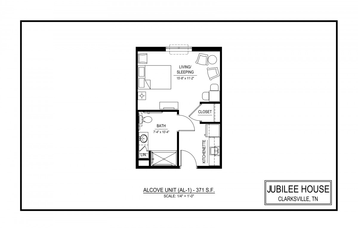 A floor plan of a studio apartment featuring a living and sleeping area, kitchen, and bathroom.
