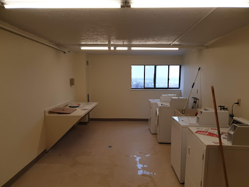 A spacious, well-lit laundry room featuring multiple washing machines and dryers.