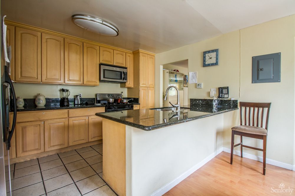 A modern kitchen with wooden cabinets and a sleek countertop.