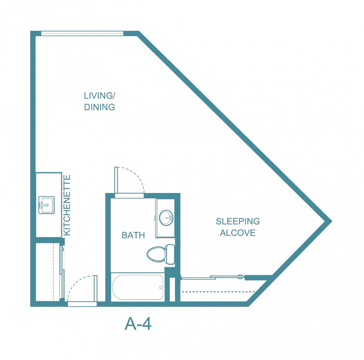 A floor plan of a studio apartment with designated areas for living/dining, kitchen, bath, and sleeping alcove.