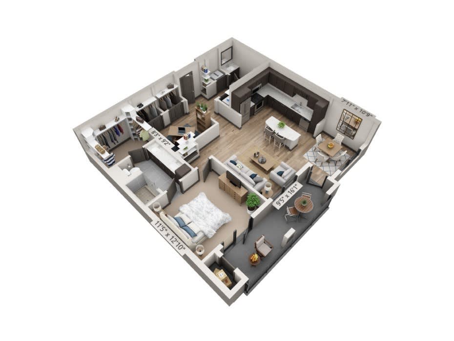 3D rendered floor plan of a modern apartment layout.