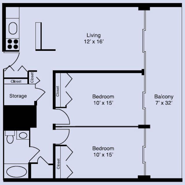 A two-bedroom apartment floor plan featuring a living room, kitchen, bathroom, and a balcony.