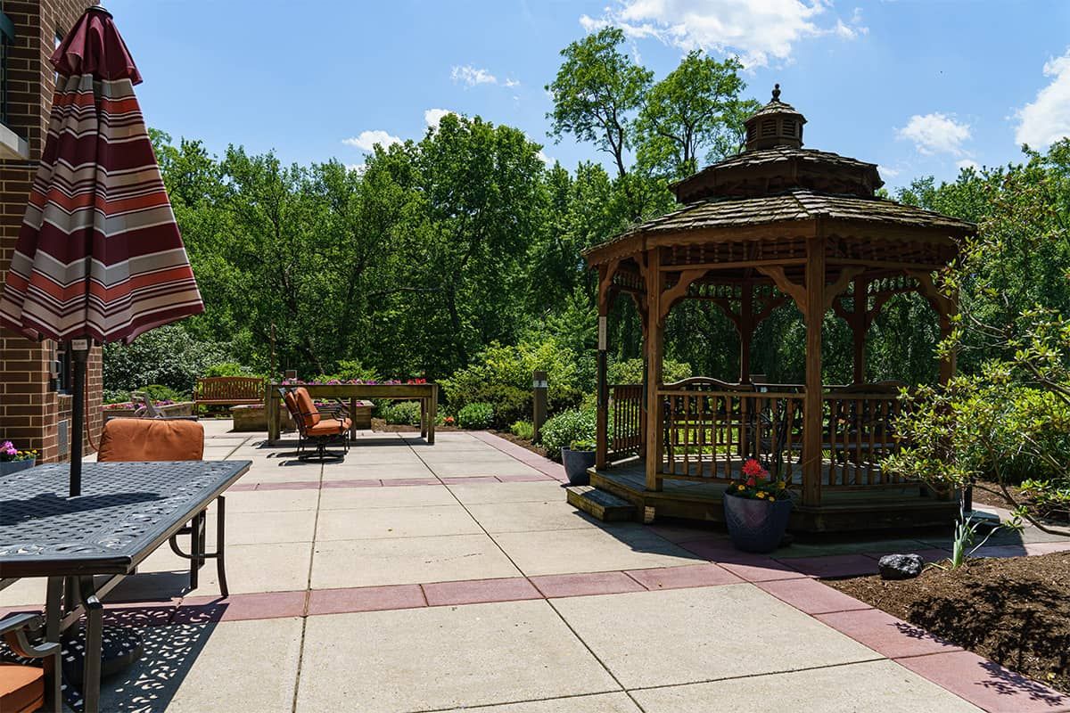 A sunny outdoor patio area with a gazebo and surrounding greenery.