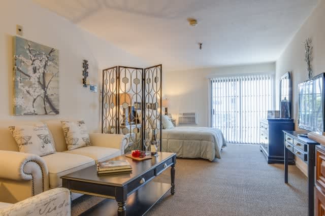 A cozy studio apartment with a combined living and bedroom area, featuring neutral tones and stylish decor.