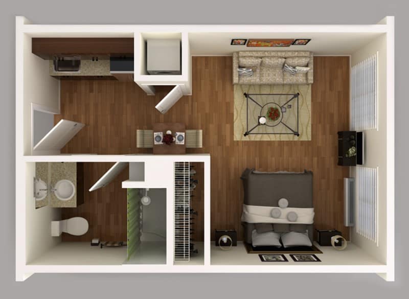 A detailed floor plan of a one-bedroom apartment showcasing the layout and furniture arrangement.