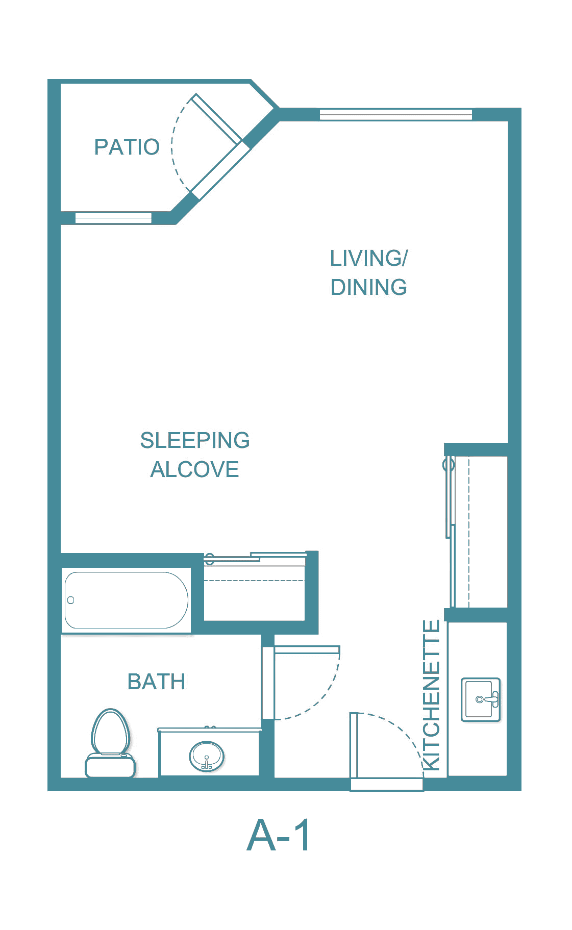 A floor plan of a studio apartment featuring a living/dining area, sleeping alcove, kitchenette, and bathroom.