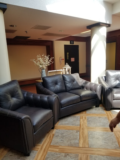 A set of stylish black leather sofas arranged in a modern lounge area.