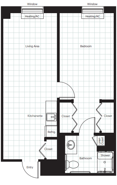 A floor plan layout showing an apartment with a living area, kitchen, bathroom, and closets.