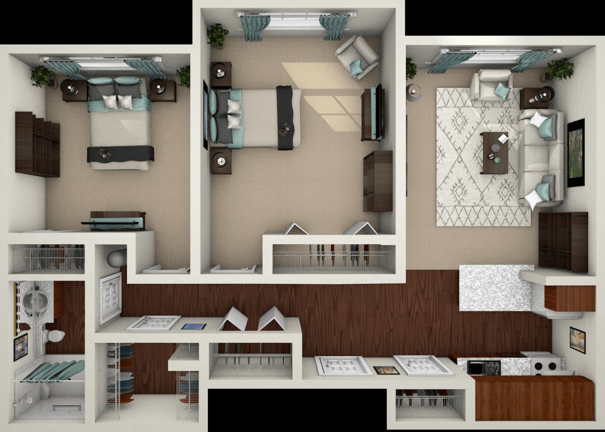 A 3D rendered floor plan of an apartment featuring a bedroom, living area, kitchen, and bathroom.