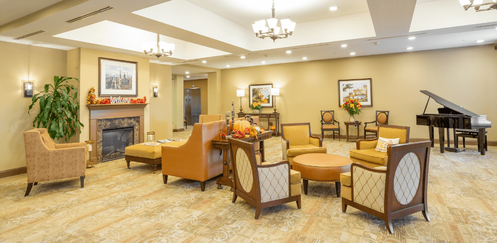 A comfortable and inviting lobby area with elegant seating arrangements and warm lighting.