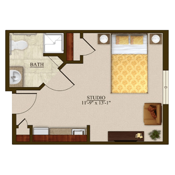 A floor plan of a studio apartment featuring a bedroom, bathroom, and living area.