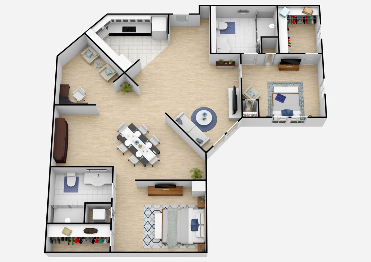 A 3D rendered floor plan of a modern apartment with multiple rooms, showing furniture placement and room arrangement.