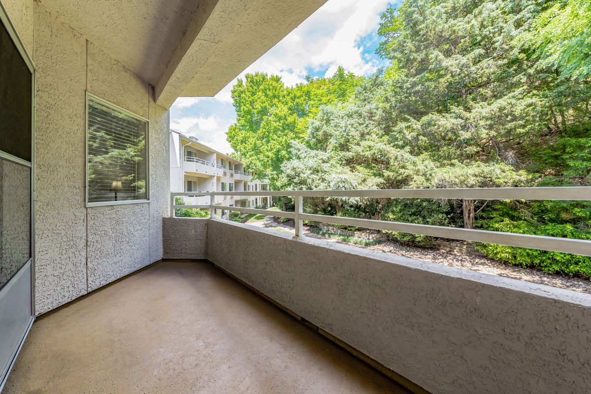 A spacious apartment balcony with views of lush green trees.