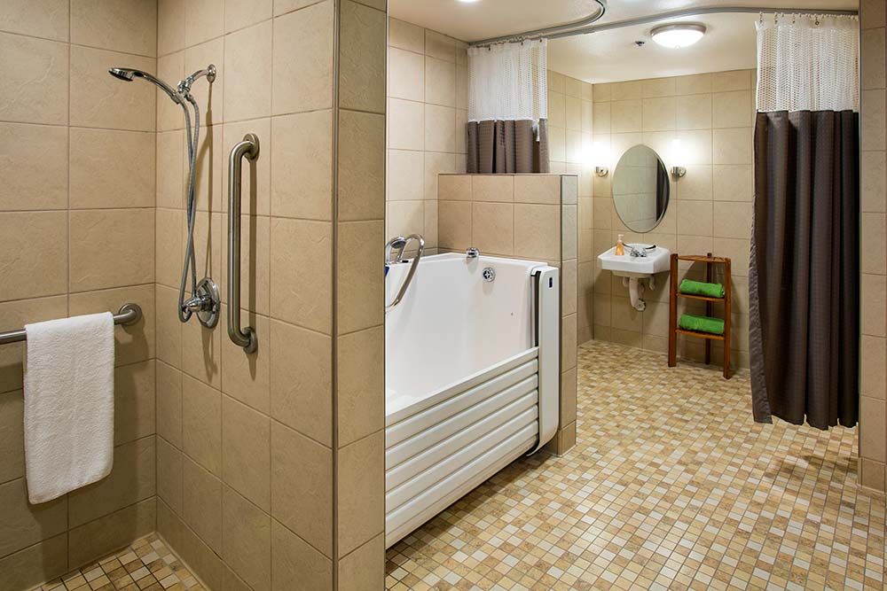 An accessible bathroom with a shower, walk-in tub, grab bars, and a sink with a mirror.