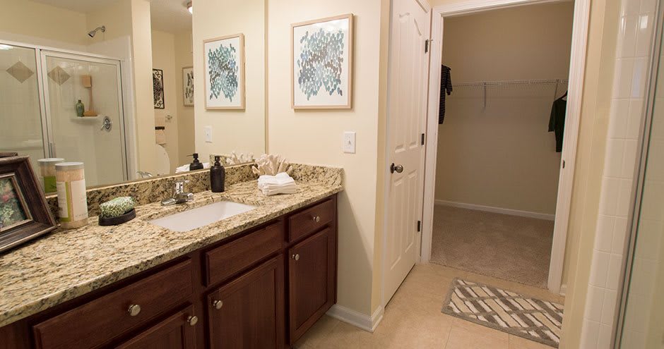 A well-organized bathroom with a granite countertop and decorative artwork.