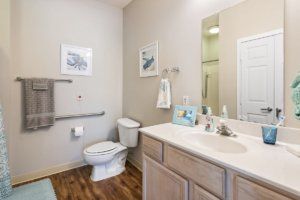 A well-lit bathroom featuring a toilet, sink with vanity, and wall-mounted artwork. It includes a handicap-accessible rail.