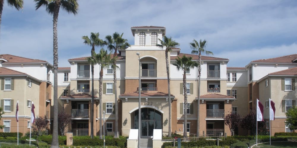A modern apartment building flanked by palm trees under a blue sky.