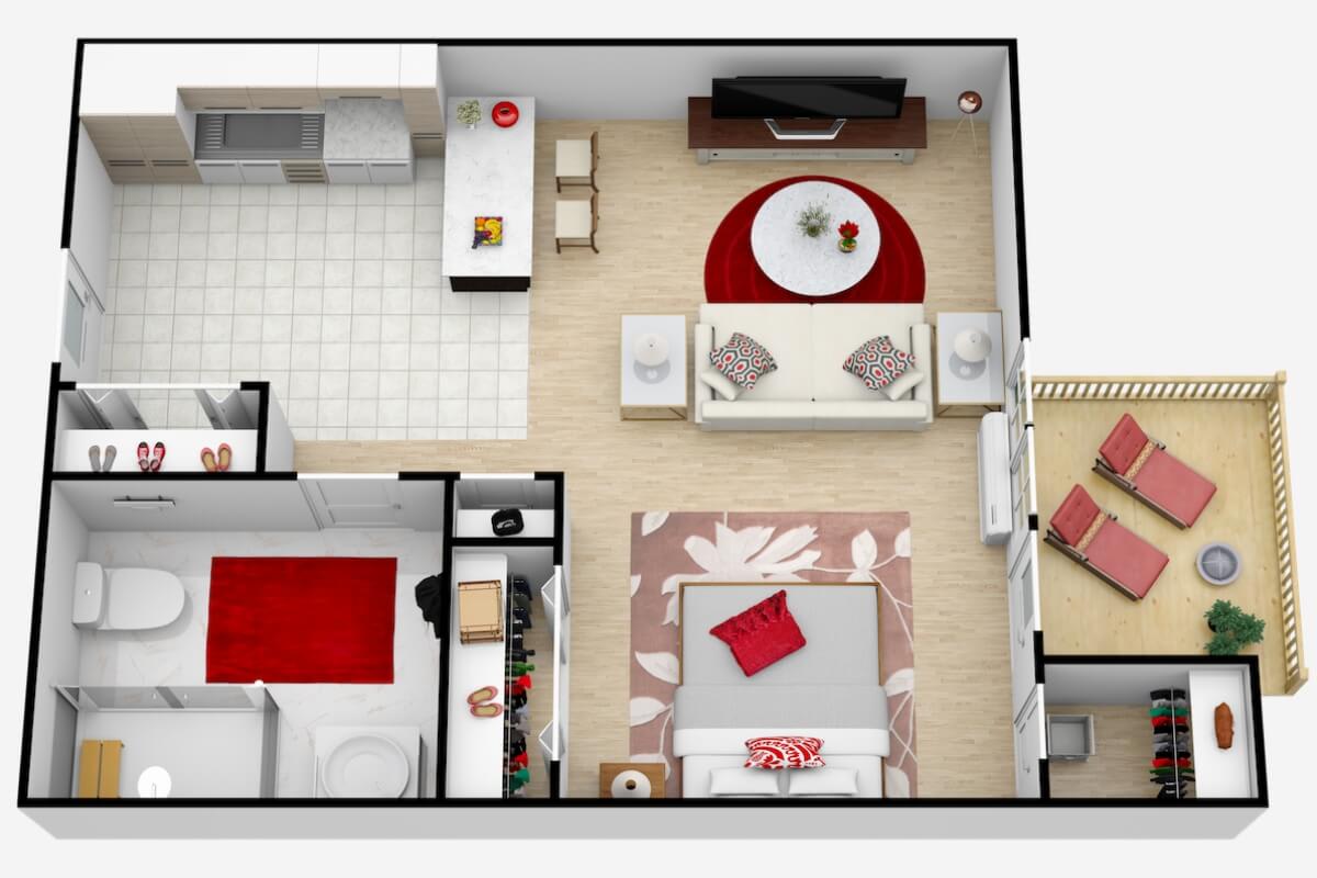 Modern apartment floor plan with a bedroom, living room, and kitchen area.