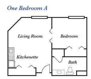 Floor plan of a one-bedroom apartment featuring a living room, kitchenette, bedroom, and bathroom.