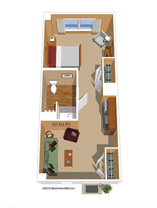 A floor plan of a compact one-bedroom apartment with designated areas for living, cooking, sleeping, and bathing.