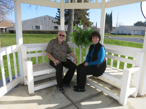 A cheerful moment shared between two individuals sitting in a gazebo on a sunny day.