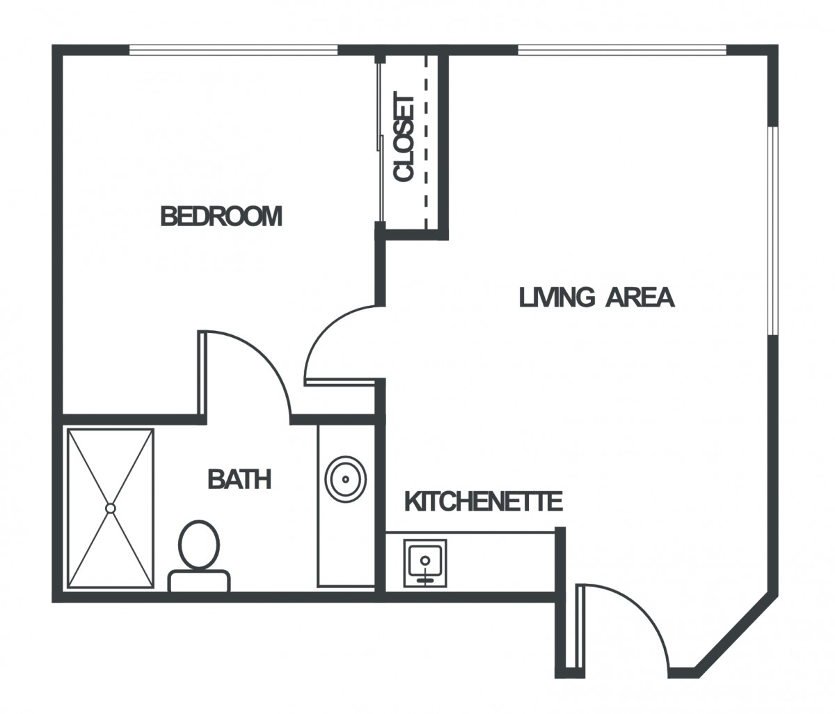 A simple floor plan of an apartment featuring a bedroom, living area, kitchenette, bathroom, and closet.