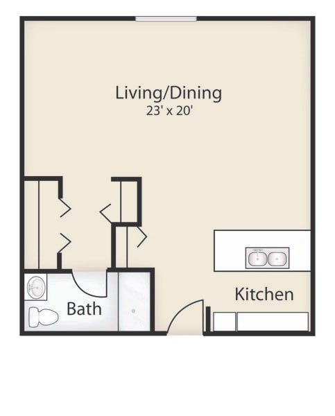 Studio apartment floor plan with a living/dining area, kitchen, and bathroom.