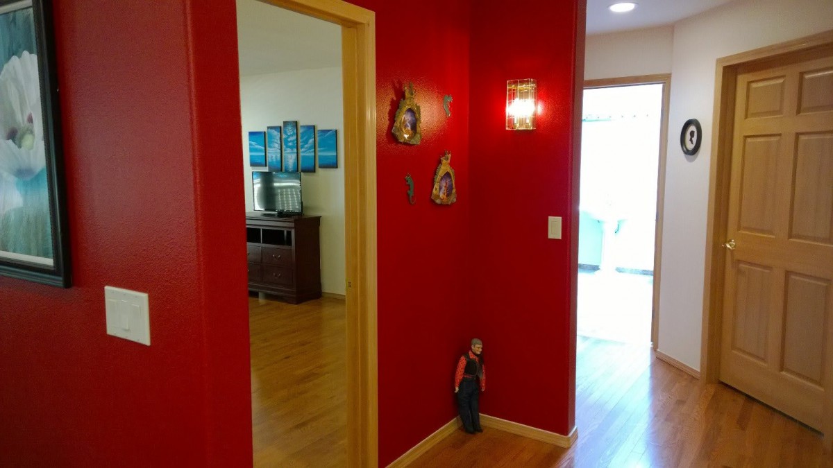 A warmly decorated hallway with a vibrant red wall and wooden flooring, leading to a room with natural light.