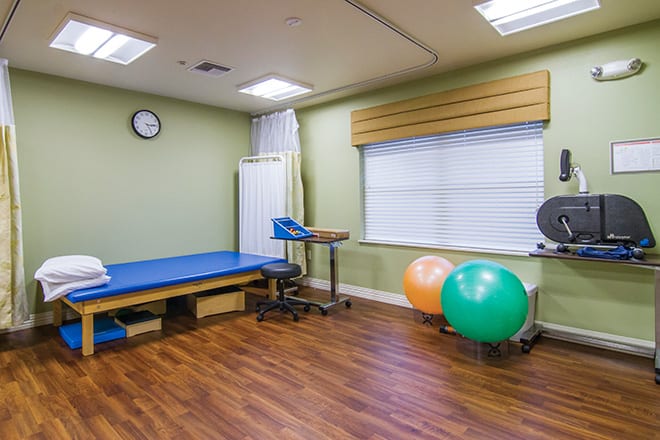 A physical therapy room equipped with a treatment bed and exercise balls.