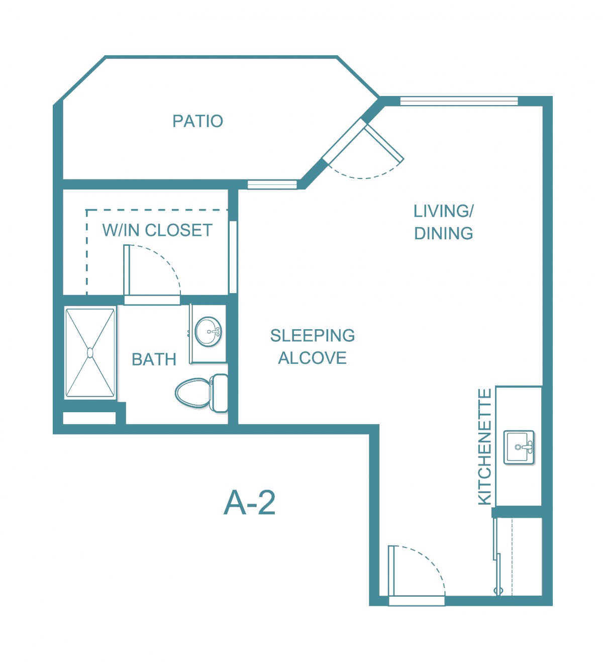 Studio apartment floor plan with a living/dining area, sleeping alcove, kitchen, bathroom, walk-in closet, and patio.