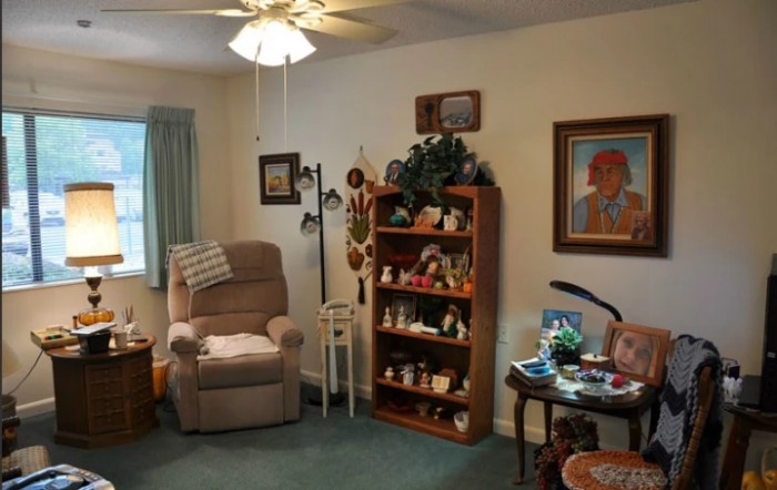 A cozy living room with an armchair, bookshelf filled with decorations, and a painting on the wall.