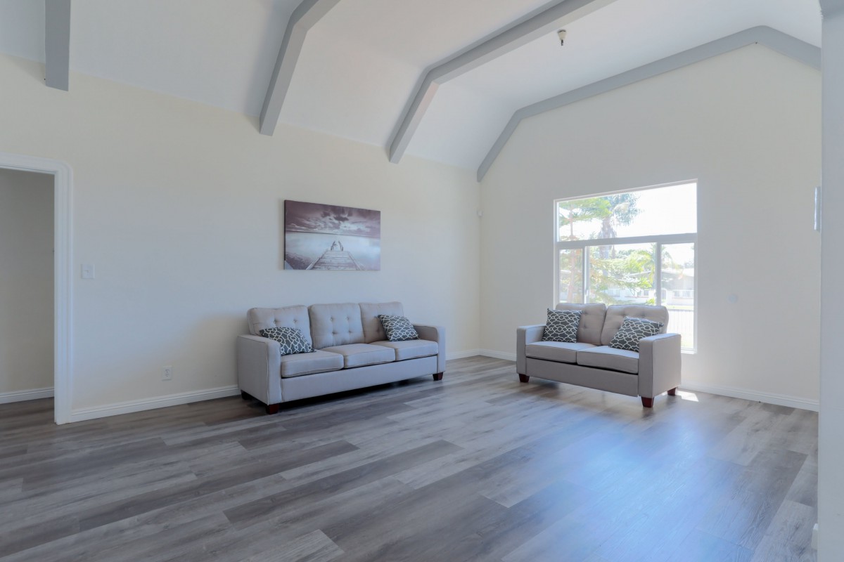 A modern minimalist living room with two grey sofas and bright natural lighting.