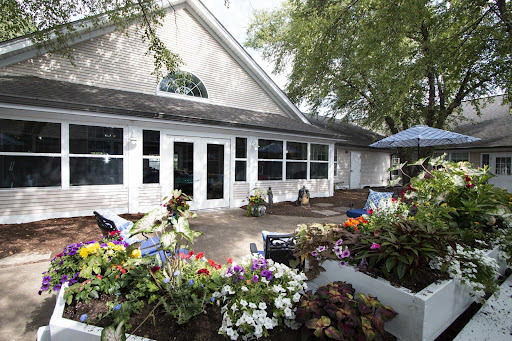 A beautifully landscaped area with vibrant flowers in front of a modern building.