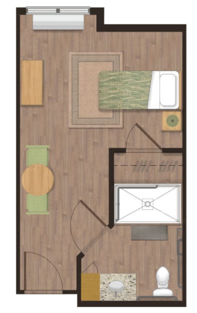 A simple floor plan showcasing a small room with a single bed, desk, and dining area.
