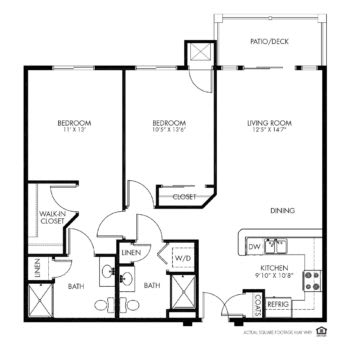 A floor plan of a two-bedroom apartment with labeled rooms and dimensions.