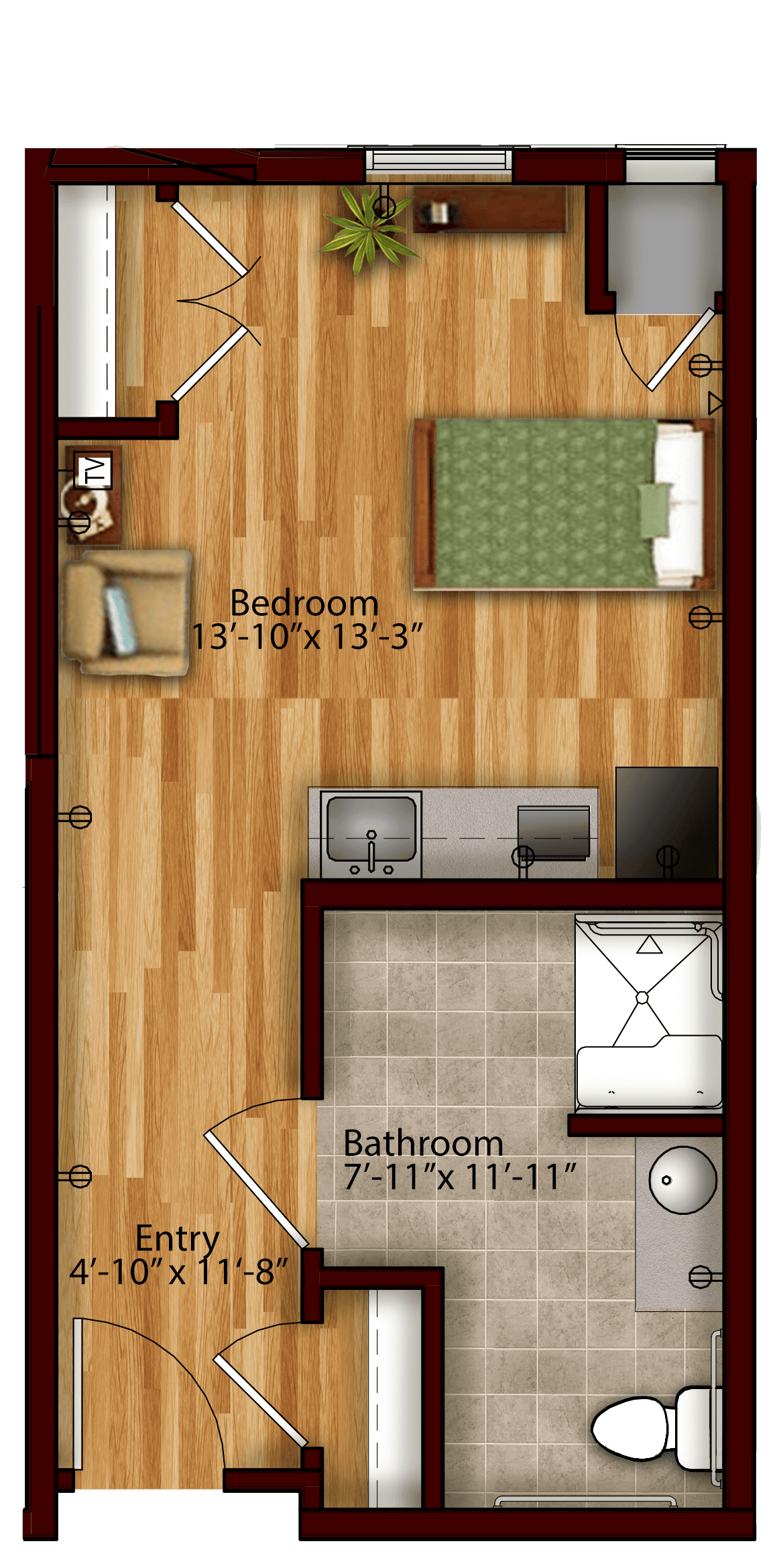 A detailed floor plan showing an apartment with a bedroom, bathroom, and kitchen area.