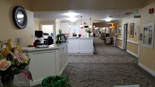 A view of a well-lit reception area in an office, showcasing a modern design with carpet flooring.
