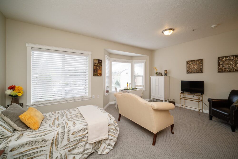 A cozy bedroom interior with a bed, sofa, and TV, lit by natural light from large windows.