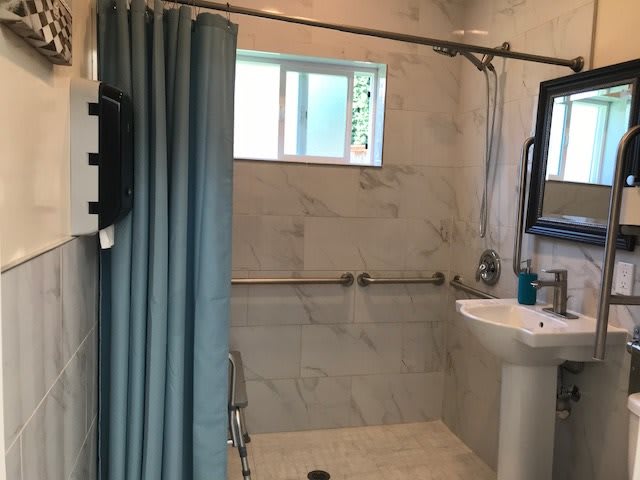 A bathroom with a shower area featuring a curtain, grab bars, and a sink.