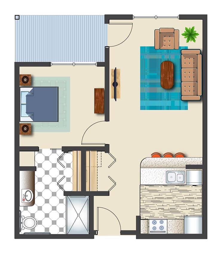 A floor plan of an apartment showing a living room, two bedrooms, a bathroom, and a kitchen.