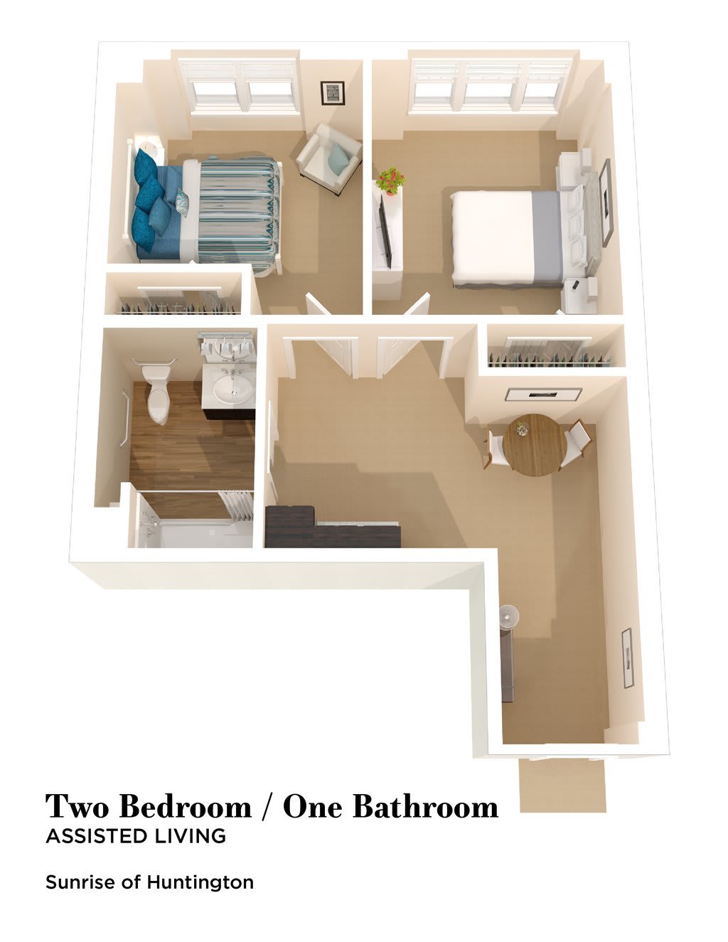3D floor plan of a two-bedroom, one-bathroom apartment.