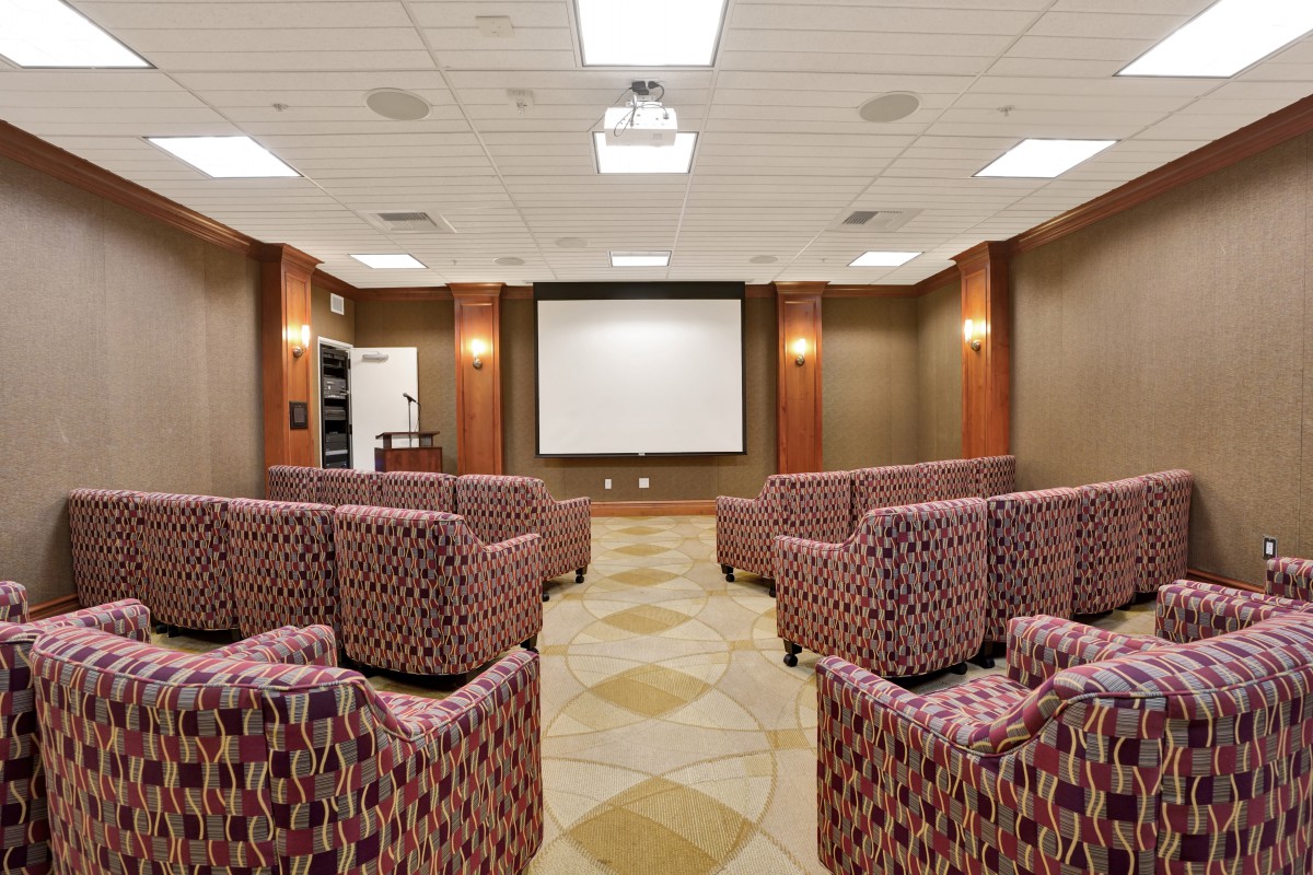 A small theater room with patterned chairs facing a projection screen.