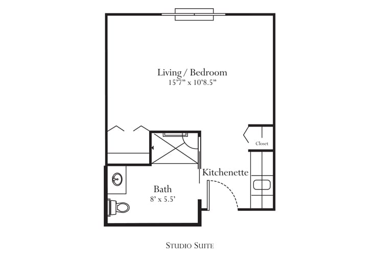 Studio apartment floor plan with living/bedroom area, kitchenette, and bathroom.