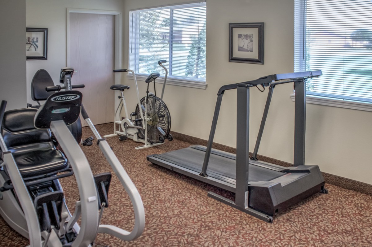 A small home gym with a treadmill and stationary bike.